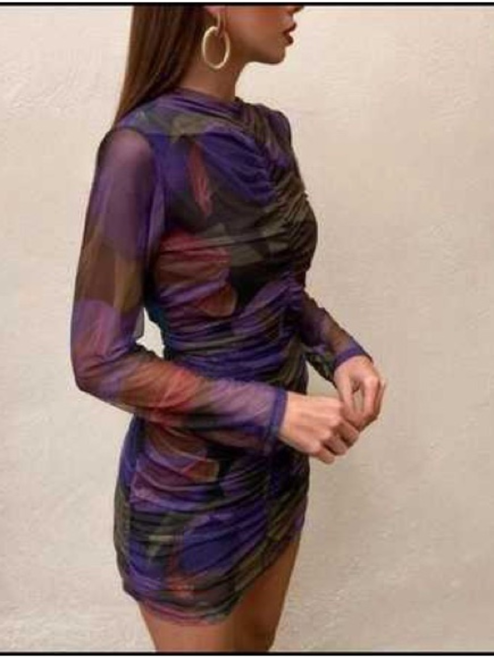 Zara Purple & Olive Ruched Mesh Long-Sleeve Mini Dress